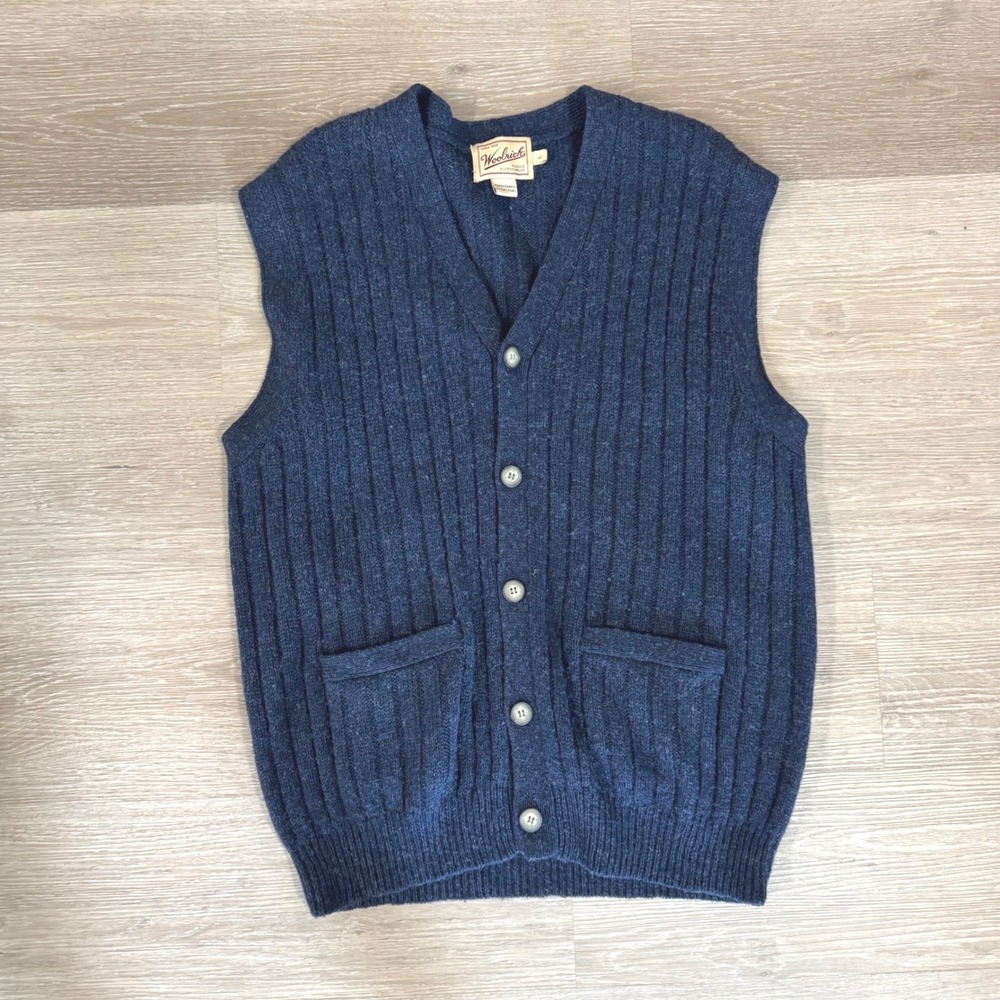 Woolrich Cardigan Vest Men L Blue 100% Pure Wool Ribbed Knit V-Neck Button Front